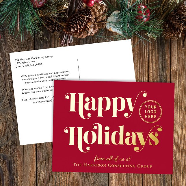 Business Logo Red Christmas Gold Foil Holiday Postcard (Creator Uploaded)
