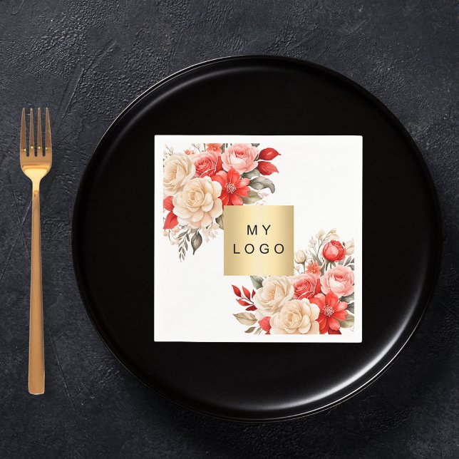 Business logo red ivory florals white  napkin (Creator Uploaded)