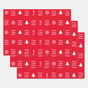 Business Logo Red White Christmas Trees Candy Cane Wrapping Paper Sheet