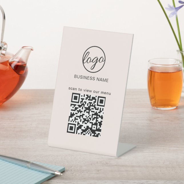 Business Logo Restaurant Menu QR Code Blush Pink Pedestal Sign (In SItu)