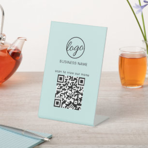 Business Logo Restaurant Menu QR Code Turquoise Pedestal Sign