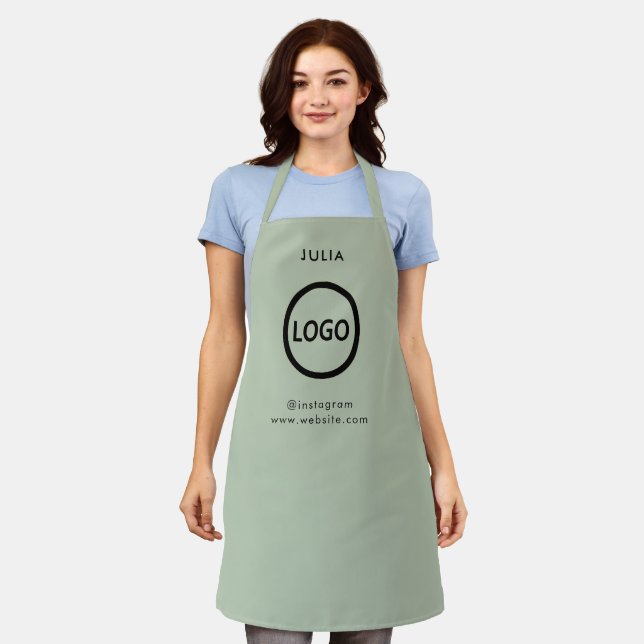 Business Logo Sage Green Employee Staff Name Apron (Worn)