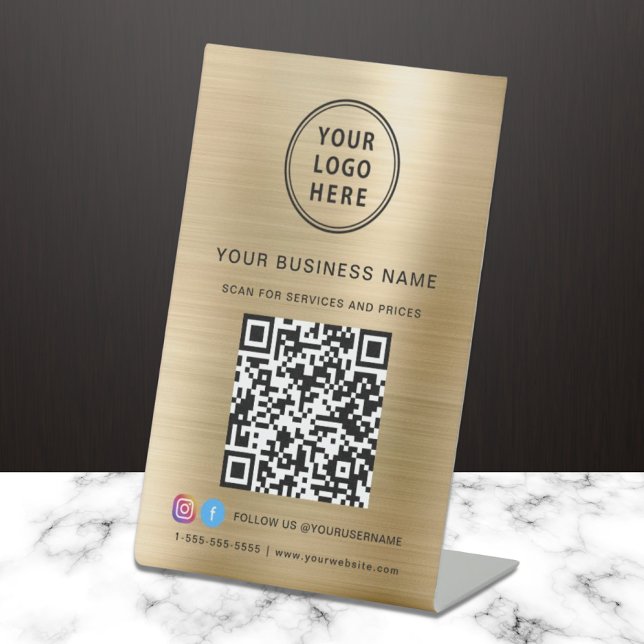Business Logo Scan Me QR Code Social Media Gold Pedestal Sign (Creator Uploaded)