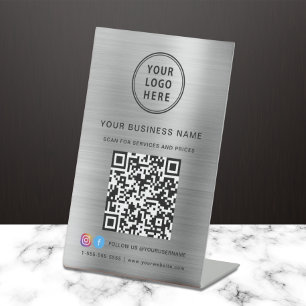 Business Logo Scan Me QR Code Social Media Silver Pedestal Sign