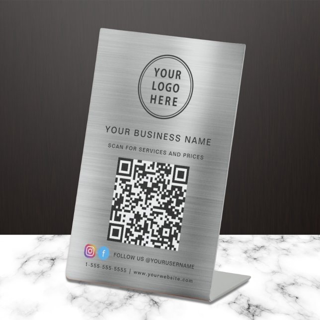 Business Logo Scan Me QR Code Social Media Silver Pedestal Sign (Creator Uploaded)