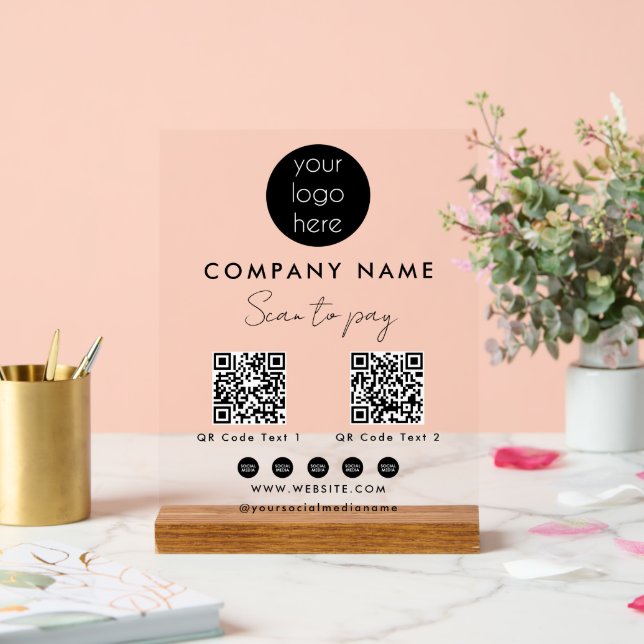 Business Logo Scan to Pay 2 QR Code Social Media Acrylic Sign (Wedding)