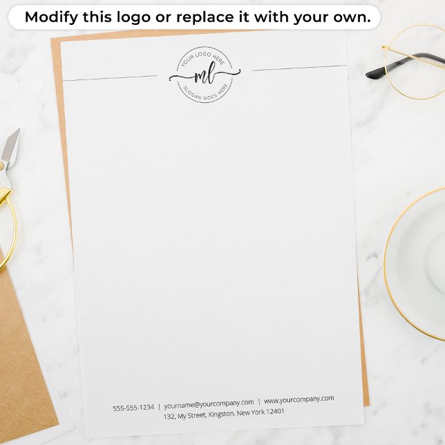 Business Logo Script Monogram Initials White Custom Letterhead (Creator Uploaded)