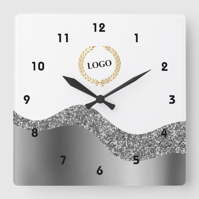 Business Logo Silver Wave Square Wall Clock (Front)