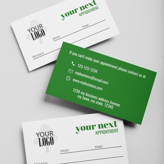 Business Logo Simple Minimalist Bold Green Appointment Card (Green and white business appointment card with add your logo template. )