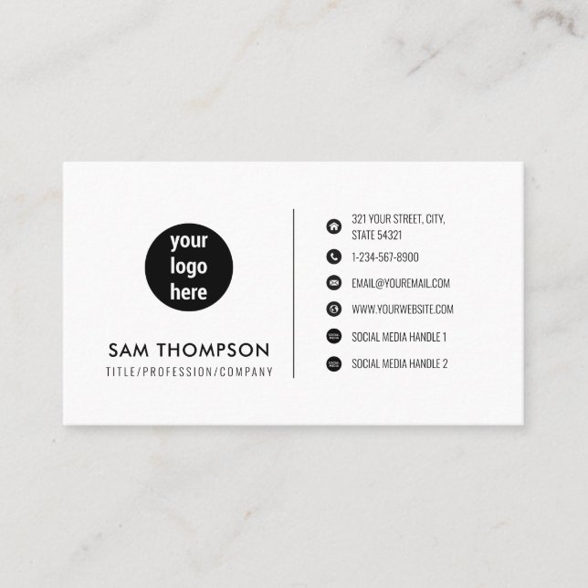 Business Logo Social Media Icons Minimal White Business Card (Front)