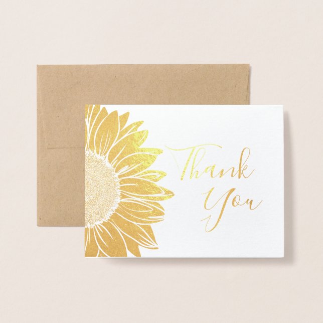 Business Logo Sunflower Gold Foil Thank You Cards (Front With Envelope)