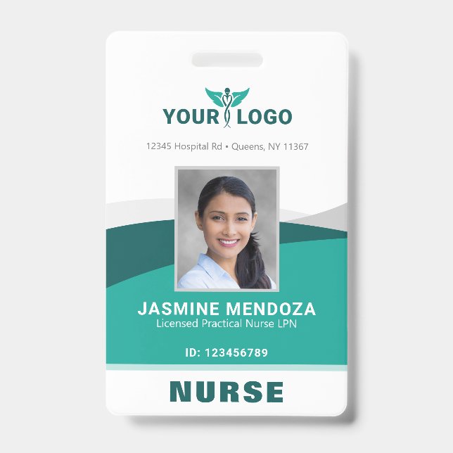 Business Logo Template Teal Employee Photo Name ID Badge (Front)