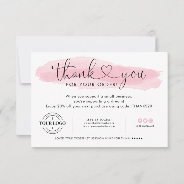 Business Logo Thank You Pink Heart Thank You Card (Front)