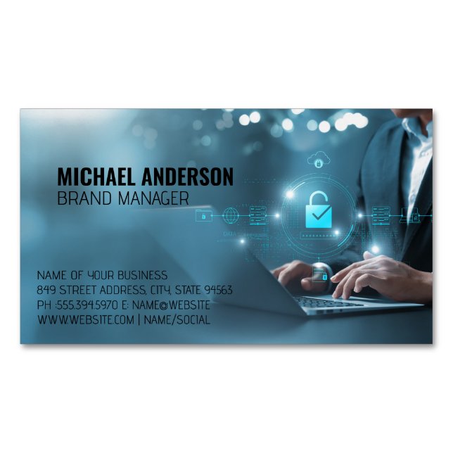 Business Man on Computer | Data Magnetic Business Card (Front)