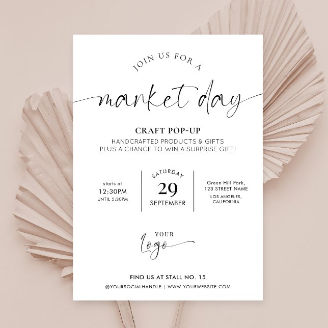 Business Market Day Minimalist Black & White Logo Invitation (Elegant business market day invitation in black & white with space for your logo)