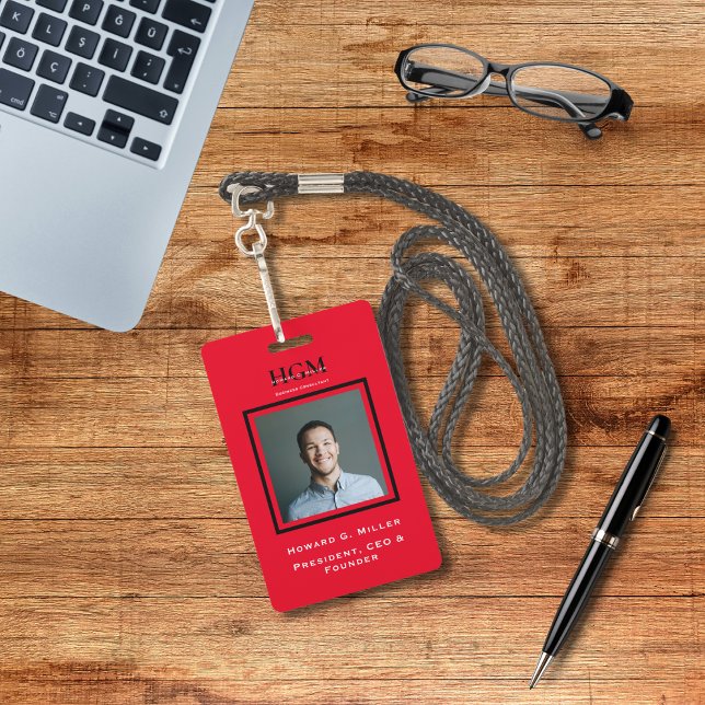 Business Modern Black Red Monogram Logo Photo ID Badge (Creator Uploaded)