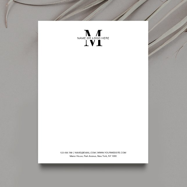Business Monogram or Logo Minimalist Black & White Custom Letterhead (Simple, yet elegant, business letterhead design with space for your monogram and contact details)