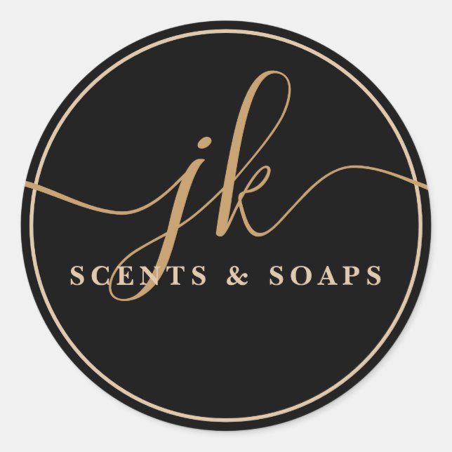 Business Monogram Script Logo Black Classic Round Sticker (Front)