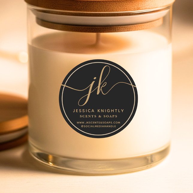 Business Monogram Script Logo Contact Black Gold Classic Round Sticker (Creator Uploaded)