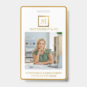 Business Monogram Square Gold Frame Red Diamond ID Badge