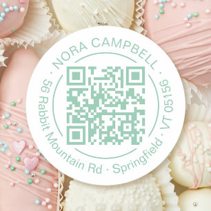 Business Name Address Circle Frame QR Code Mint Classic Round Sticker