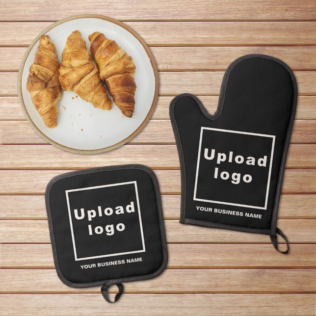 Business Name and Logo on Black Oven Mitt & Pot Holder Set (Business name and logo on black oven mitt and pot holder set)