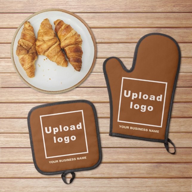 Business Name and Logo on Brown Oven Mitt & Pot Holder Set (Business name and logo on brown oven mitt and pot holder set)