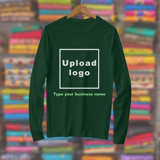 Business Name and Logo on Forest Green Long Sleeve T-Shirt (Deep forest green long sleeve t-shirt with your business name and logo displayed in a store)