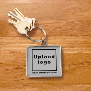 Business Name and Logo on Gray Square Premium Key Ring