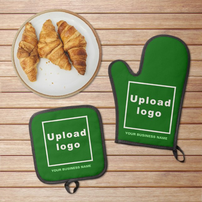 Business Name and Logo on Green Oven Mitt & Pot Holder Set (Business name and logo on green oven mitt and pot holder set)