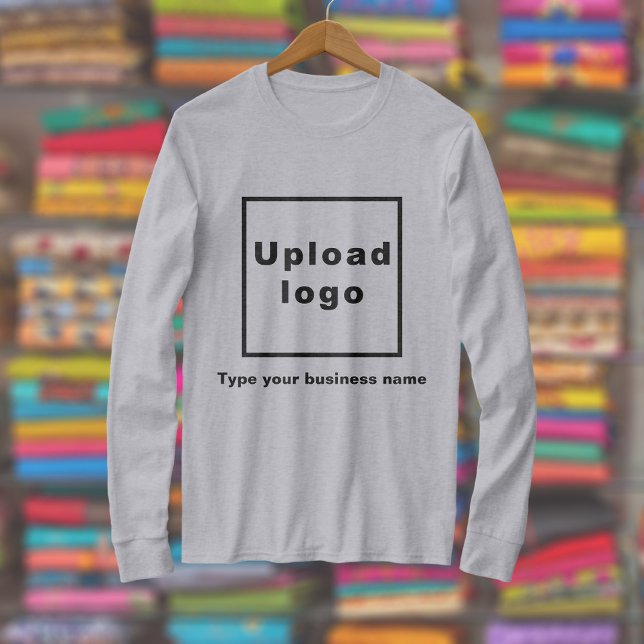 Business Name and Logo on Grey Long Sleeve T-Shirt (Gray long sleeve t-shirt with your business name and logo displayed in a store)
