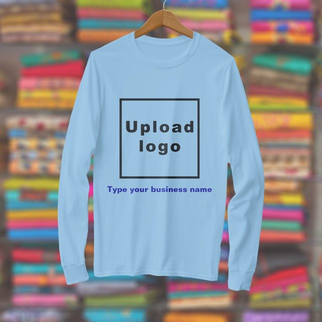 Business Name and Logo on Light Blue Long Sleeve T-Shirt (Light blue long sleeve t-shirt with your business name and logo displayed in a store)