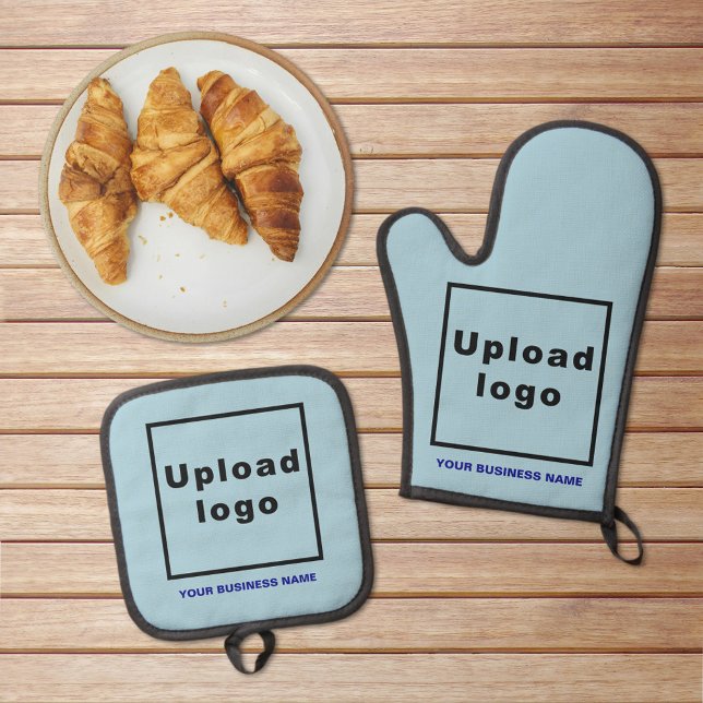 Business Name and Logo on Light Blue Oven Mitt & Pot Holder Set (Business name and logo on light blue oven mitt and pot holder set)