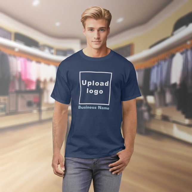 Business Name and Logo on Navy Blue T-Shirt (Navy blue t-shirt with your business name and logo on model)