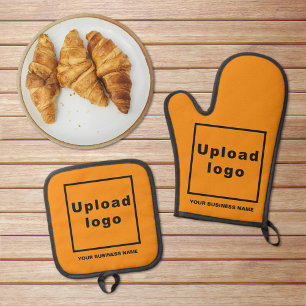 Business Name and Logo on Orange Colour Oven Mitt & Pot Holder Set