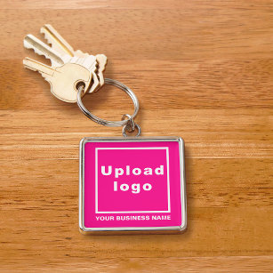 Business Name and Logo on Pink Square Premium Key Ring