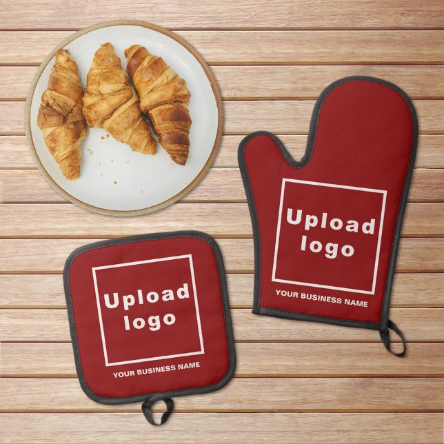 Business Name and Logo on Red Oven Mitt & Pot Holder Set (Business name and logo on red oven mitt and pot holder set)