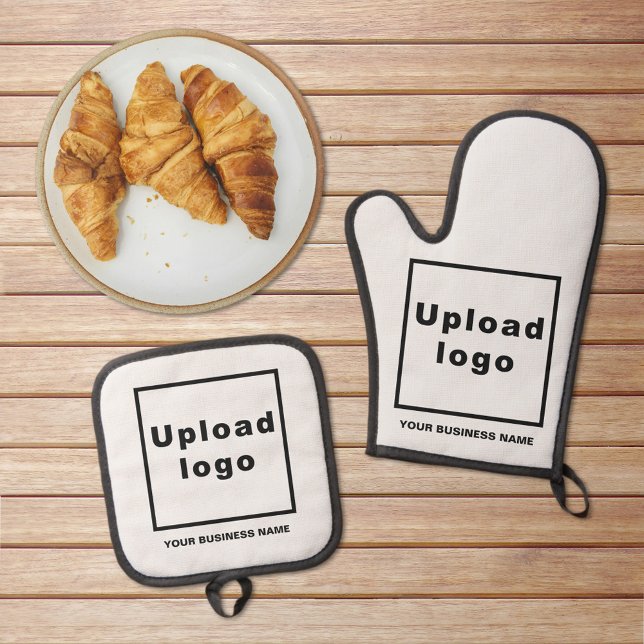 Business Name and Logo on White Oven Mitt & Pot Holder Set (Business name and logo on white oven mitt and pot holder set)