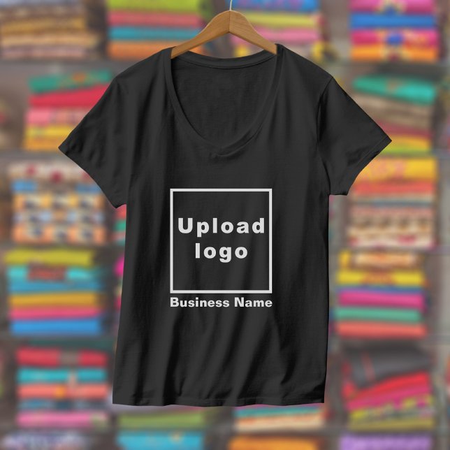 Business Name and Logo on Women's V-Neck Black T-Shirt (Women's V-neck black t-shirt with your business name and logo displayed in a store)