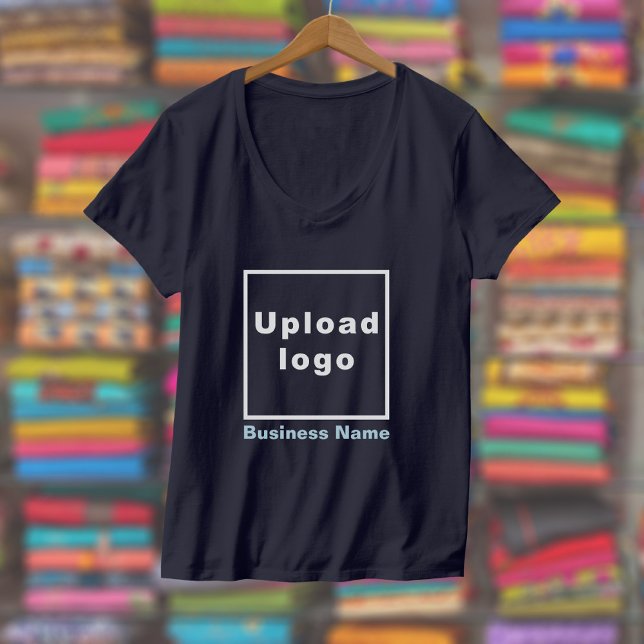 Business Name and Logo on Women's V-Neck Navy Blue T-Shirt (Women's V-neck navy blue t-shirt with your business name and logo displayed in a store)