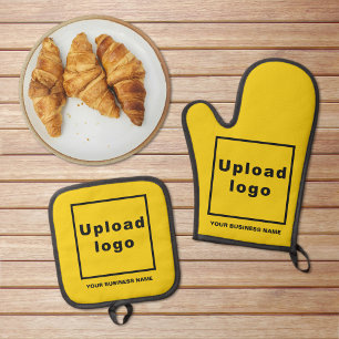 Business Name and Logo on Yellow Oven Mitt & Pot Holder Set