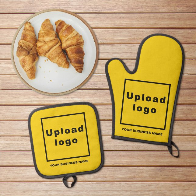 Business Name and Logo on Yellow Oven Mitt & Pot Holder Set (Business name and logo on yellow oven mitt and pot holder set)