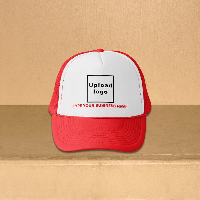 Business Name and Logo Red and White Trucker Hat (Red business brand on trucker hat)