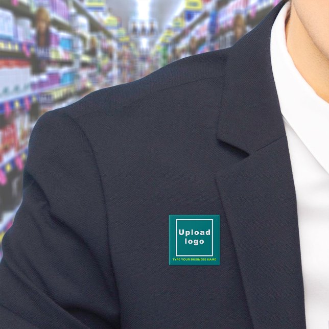 Business Name and Logo Teal Square Button (Build brand name awareness. Your business name and logo on teal green square button.)