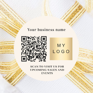 Business name beige logo qr code classic round sticker