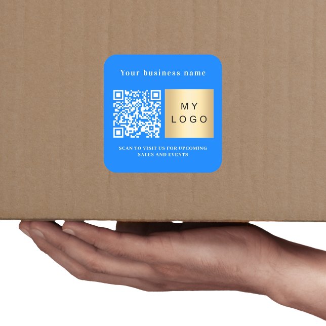 Business name bright blue logo qr code square sticker (Creator Uploaded)