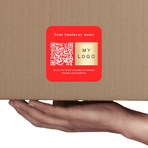Business name bright red logo qr code square sticker