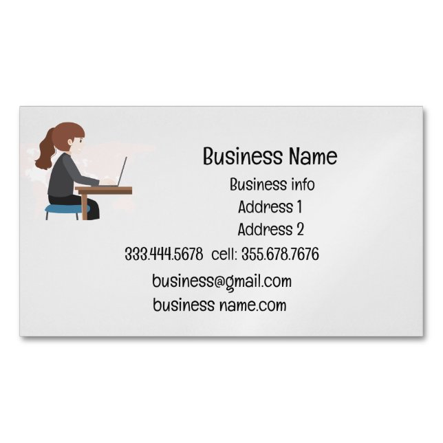 Business Name Custom Person at Desk Magnetic Business Card (Front)