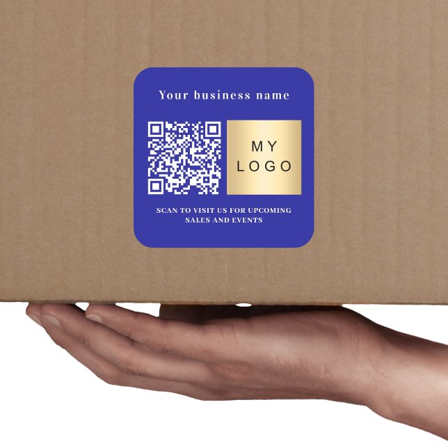 Business name dark blue logo qr code square sticker (Creator Uploaded)