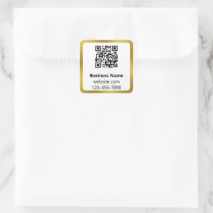 Business Name Gold and White Phone Website QR Code Square Sticker
